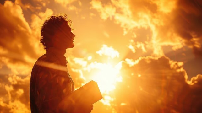 Man silhouetted against sunset sky