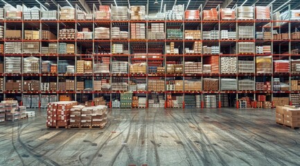 Modern Industrial Warehouse with High Shelves, Pallet Racks, and Boxes in Bright Lighting