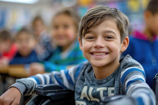 Young boy in wheelchair smiling in classroom