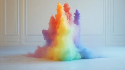 Festive rainbow powder explosion creating dynamic energy on a clean white panorama