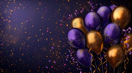 Purple and gold balloons against a dark background