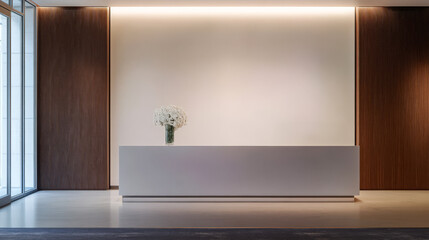 Modern reception area featuring elegant flower arrangement and minimal design elements