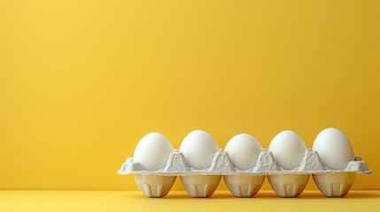 White eggs in a cardboard carton on yellow background