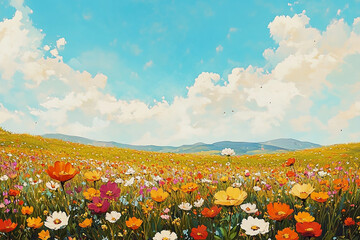 Fototapeta premium A painting of a field of flowers with a blue sky in the background