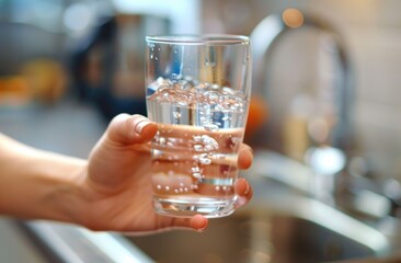 Hand holding glass of water in kitchen