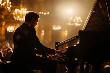 A talented pianist captivates the audience in a magnificent concert hall. The atmosphere is enchanting and filled with emotion. Experience the magic of music. Generative AI
