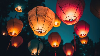 A collection of different-sized, colorful lanterns floating in a dark sky, each lantern representing different traditions