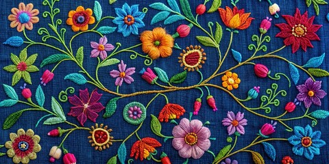 Vibrant Floral Embroidery on Deep Blue Textile A Detailed Close-up of Hand-Stitched Blossoms and Leaves