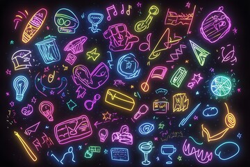 Neon outline of a vision board with quotes, images, and goals isolated on black background.