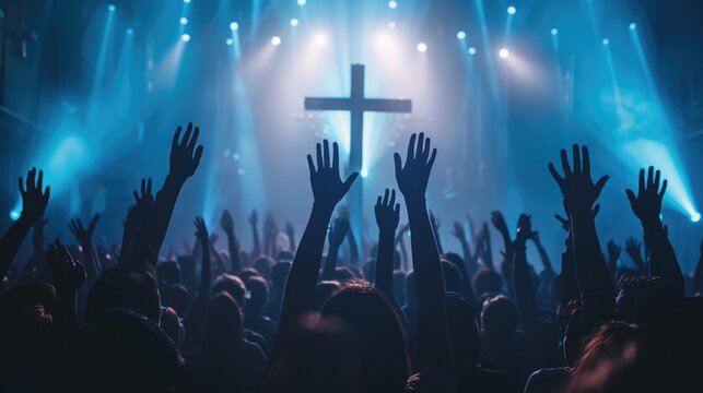 Crowd raising hands during worship service