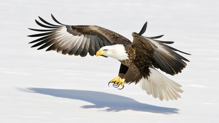 Fototapeta premium Graceful eagle glides effortlessly over a vast snowy plain, casting an elegant shadow on the untouched snow, embodying winter's tranquility and beauty