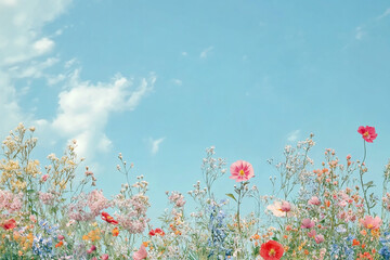 Fototapeta premium A painting of a field of flowers with a blue sky in the background