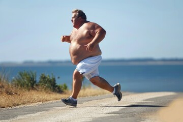 Overweight man running on coastal road in summer