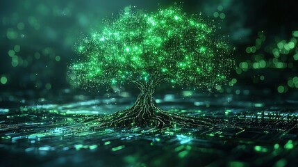 Digital Tree with Luminous Green Leaves Surrounded by Circuit Board Patterns, Symbolizing Growth, Technology, and Sustainability in a Modern World
