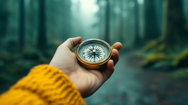 Navigating through the misty forest with a compass in hand during an early morning adventure - Powered by Adobe