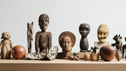 A collection of diverse cultural artifacts displayed on a table, representing the richness of global heritage, minimalistic photography style