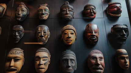 A collection of diverse cultural masks displayed in a museum, symbolizing the richness and diversity of global traditions, minimalistic photography style