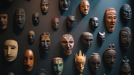 A collection of diverse cultural masks displayed on a wall, representing the rich traditions of global cultures, minimalistic photography style