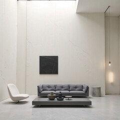 Generative AI, A Minimalist Living Room Showcasing Hand-Textured Plaster Walls, a Charcoal Gray Sofa, and Artistic Details for a Modern, Gallery-Inspired Aesthetic