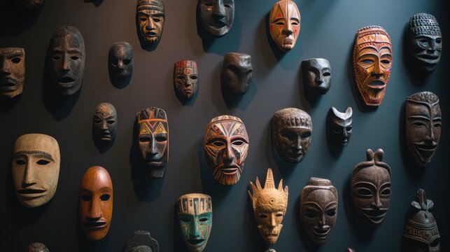 A collection of diverse cultural masks displayed on a wall, representing the rich traditions of global cultures, minimalistic photography style