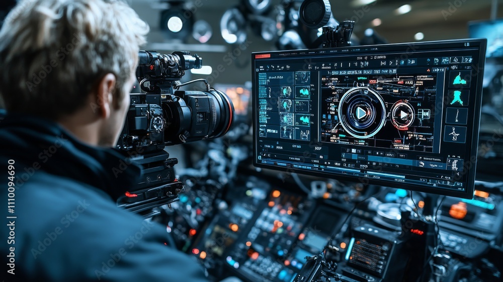 Poster professional videographer captures dynamic visuals in a high-tech studio environment during a projec