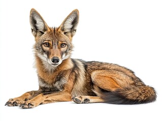 Fototapeta premium Photograph of a reclining jackal, looking towards the camera, isolated against a white background