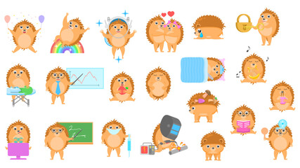 Set Abstract Collection Flat Cartoon Different Animal Hedgehogs Vector Design Elements Fauna Wildlife