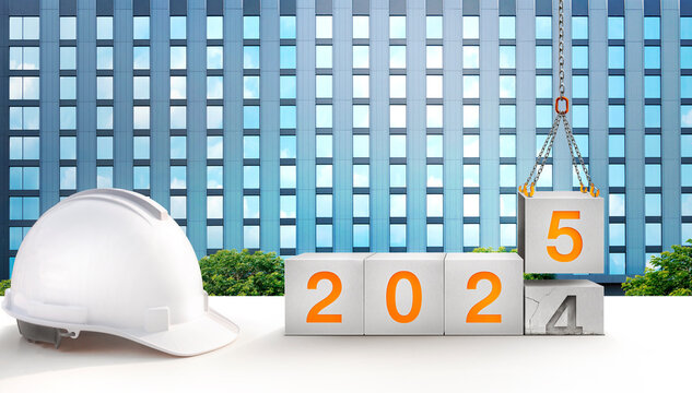 happy new year 2025. success in real estate and construction industry. crane construction lifting new concrete cube replace the passed year 2024. welcome new year party and change new business