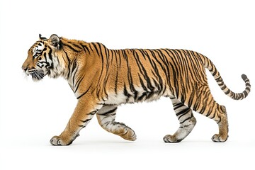 Naklejka premium Majestic Tiger in Motion: Side View Photography on a White Background