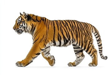 Obraz premium Majestic Tiger in Motion: Side View Photography on a White Background