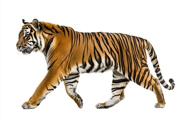 Obraz premium Majestic Tiger in Motion: Side View Photography on a White Background
