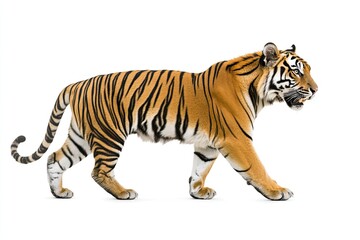 Fototapeta premium Majestic Tiger in Motion: Side View Photography on a White Background