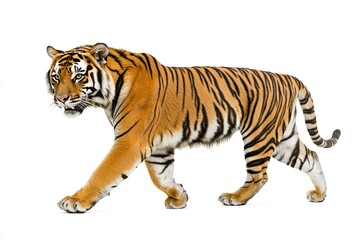 Naklejka premium Majestic Tiger in Motion: Side View Photography on a White Background