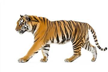 Obraz premium Majestic Tiger in Motion: Side View Photography on a White Background