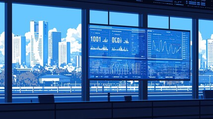 Serene cityscape view from a modern office, featuring large screens displaying dynamic financial data.  A tranquil yet technologically advanced setting.