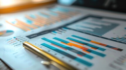 Close up of data graphs and charts on a desk