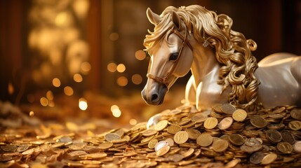 Golden horse statue surrounded by coins