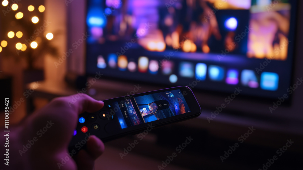 Poster close-up of hands using remote smart tv on blurred smart tv with video on demand as background