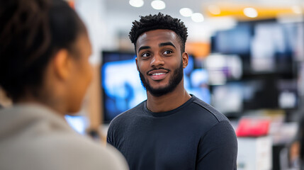 Fototapeta premium Young Multiethnic Customer Advising with Retail Home Electronics Store Salesperson. Stylish Man is Interested in Buying a Flat-Screen TV. Client Shopping for a New Television Set in Modern Shop