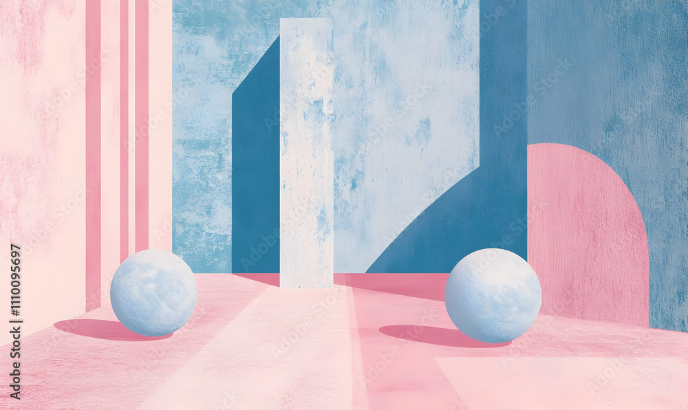 Poster abstract geometric composition with spheres and structures in soft pastel colors.