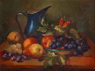 A still life with a jug and fruits is an oil painting on canvas. Oil painting. A picture with ripe ones. Fruit. 