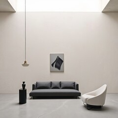 Generative AI, A Minimalist Living Room Showcasing Hand-Textured Plaster Walls, a Charcoal Gray Sofa, and Artistic Details for a Modern, Gallery-Inspired Aesthetic