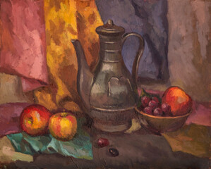 A still life with a jug and fruits on a table covered with a tablecloth is an oil painting on canvas. Oil painting. The painting is retro.