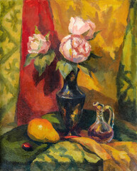 A bouquet of pink peonies is an oil painting on canvas. A painting with bright colors. Oil painting. Flowers. Pions. Vertical image.