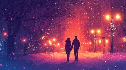 Fototapeta premium Couple Walking Hand in Hand on a Snowy Street at Night Urban Environment Emotional Scene Romantic Concept