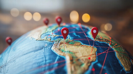 3D globe with red pins marking locations around the world