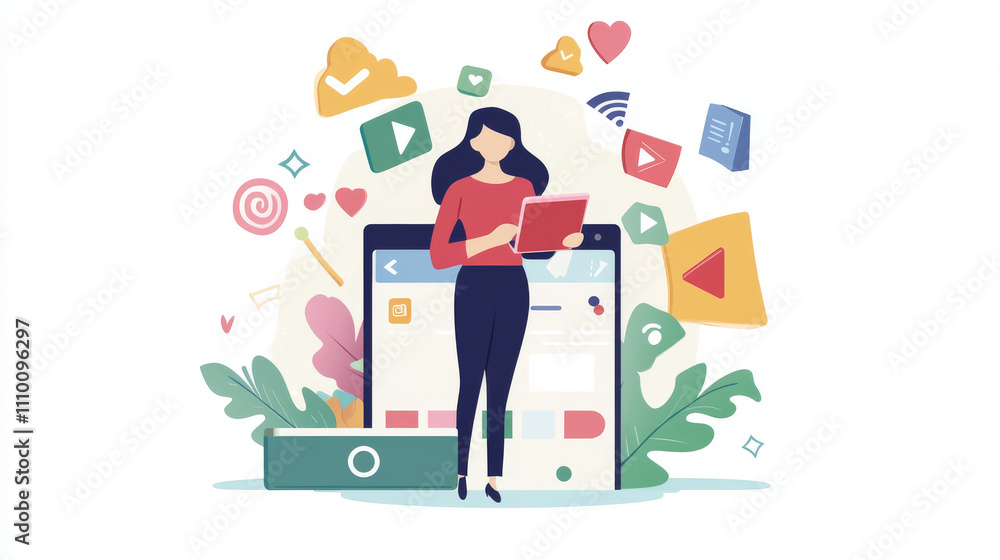 Poster backview of caucasian woman connecting to animated stream of content. browsing multimedia all-in-one