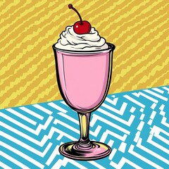 Delicious strawberry milkshake in a retro pop art style, served in a stemmed glass with whipped cream and a cherry on top.