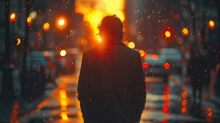 Fototapeta premium Silhouette of a Man Walking in the Rain on a City Street at Sunset