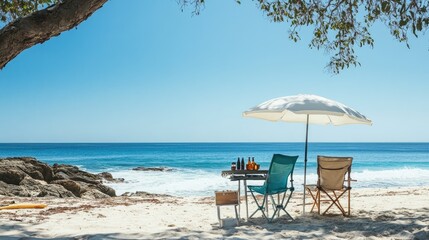A serene beach scene with chairs, an umbrella, and refreshments, perfect for relaxation.
